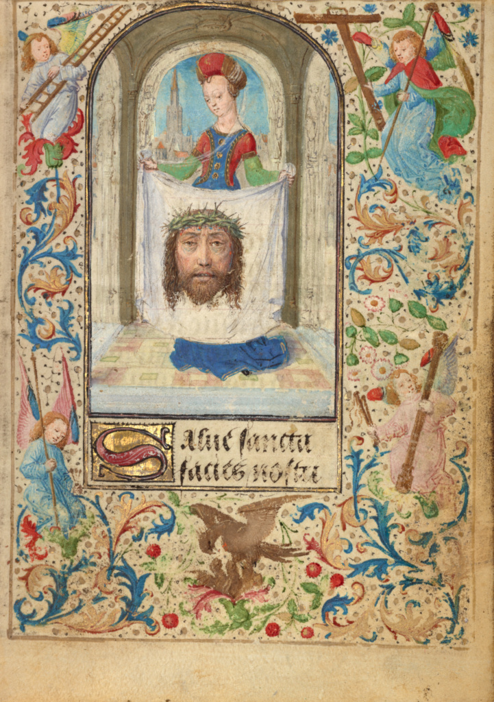 Saint Veronica; Lieven van Lathem (Flemish, about 1430 - 1493); about 1471; Tempera colors, gold leaf, gold paint, silver paint, and ink on parchment; Leaf: 12.4 × 9.2 cm (4 7/8 × 3 5/8 in.); Ms. 37 (89.ML.35), fol. 2; Rights Statement: No Copyright - United States Saint Veronica; Lieven van Lathem (Flemish, about 1430 - 1493); about 1471; Tempera colors, gold leaf, gold paint, silver paint, and ink on parchment; Leaf: 12.4 × 9.2 cm (4 7/8 × 3 5/8 in.); Ms. 37 (89.ML.35), fol. 2; Rights Statement: No Copyright - United States