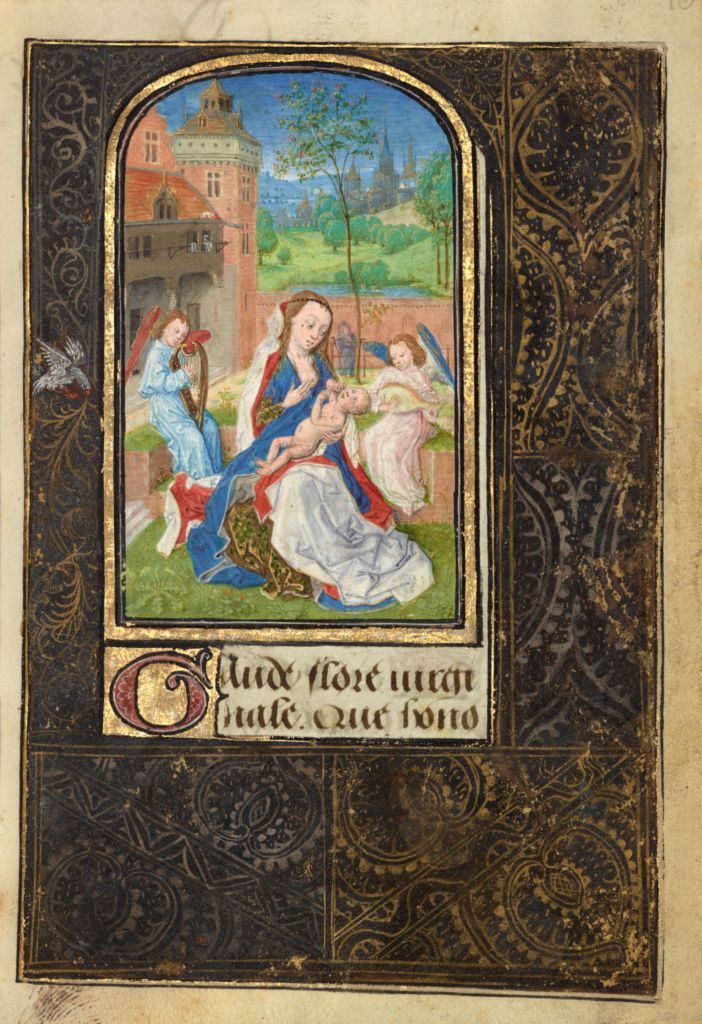 The Virgin and Child with Angels; Lieven van Lathem (Flemish, about 1430 - 1493, active 1454 - 1493); Ghent (written) Belgium Antwerp (illuminated) Belgium; 1469; Tempera colors, gold leaf, gold paint, silver paint, and ink on parchment; Leaf: 12.4 x 9.2 cm (4 7/8 x 3 5/8 in.); Ms. 37, fol. 10 No description of this image is available.