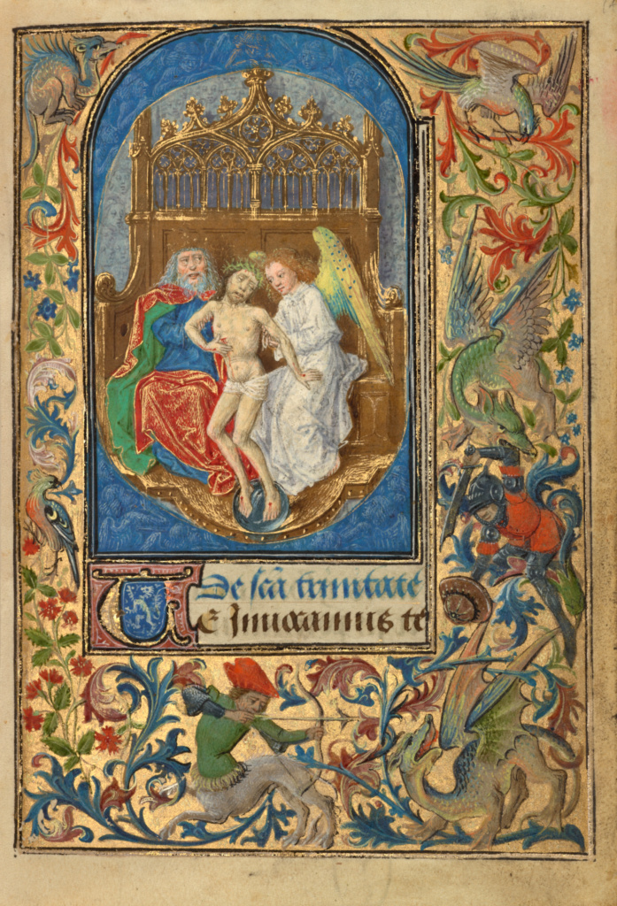 The Trinity; Lieven van Lathem (Flemish, about 1430 - 1493); 1469; Tempera colors, gold leaf, gold paint, silver paint, and ink on parchment; Leaf: 12.4 × 9.2 cm (4 7/8 × 3 5/8 in.); Ms. 37 (89.ML.35), fol. 14; Rights Statement: No Copyright - United States The Trinity; Lieven van Lathem (Flemish, about 1430 - 1493); 1469; Tempera colors, gold leaf, gold paint, silver paint, and ink on parchment; Leaf: 12.4 × 9.2 cm (4 7/8 × 3 5/8 in.); Ms. 37 (89.ML.35), fol. 14; Rights Statement: No Copyright - United States