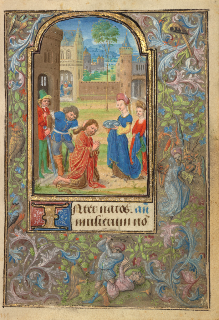 The Beheading of Saint John the Baptist; Lieven van Lathem (Flemish, about 1430 - 1493, active 1454 - 1493); Ghent (written) Belgium Antwerp (illuminated) Belgium; 1469; Tempera colors, gold leaf, gold paint, silver paint, and ink on parchment; Leaf: 12.4 x 9.2 cm (4 7/8 x 3 5/8 in.); Ms. 37, fol. 17 No description of this image is available.