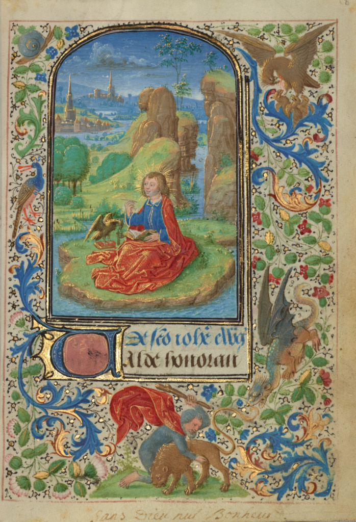 Saint John on Patmos; Lieven van Lathem (Flemish, about 1430 - 1493, active 1454 - 1493); Ghent (written) Belgium Antwerp (illuminated) Belgium; 1469; Tempera colors, gold leaf, gold paint, silver paint, and ink on parchment; Leaf: 12.4 x 9.2 cm (4 7/8 x 3 5/8 in.); Ms. 37, fol. 18 No description of this image is available.