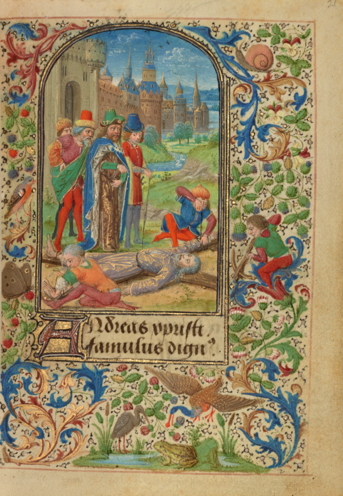 The Martyrdom of Saint Andrew; Lieven van Lathem (Flemish, about 1430 - 1493, active 1454 - 1493); Ghent (written) Belgium Antwerp (illuminated) Belgium; 1469; Tempera colors, gold leaf, gold paint, silver paint, and ink on parchment; Leaf: 12.4 x 9.2 cm (4 7/8 x 3 5/8 in.); Ms. 37, fol. 21 No description of this image is available.