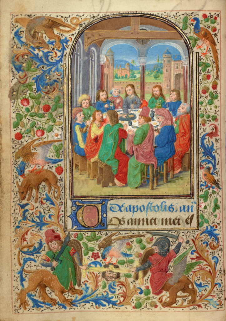 The Last Supper; Lieven van Lathem (Flemish, about 1430 - 1493, active 1454 - 1493); Ghent (written) Belgium Antwerp (illuminated) Belgium; 1469; Tempera colors, gold leaf, gold paint, silver paint, and ink on parchment; Leaf: 12.4 x 9.2 cm (4 7/8 x 3 5/8 in.); Ms. 37, fol. 23v No description of this image is available.