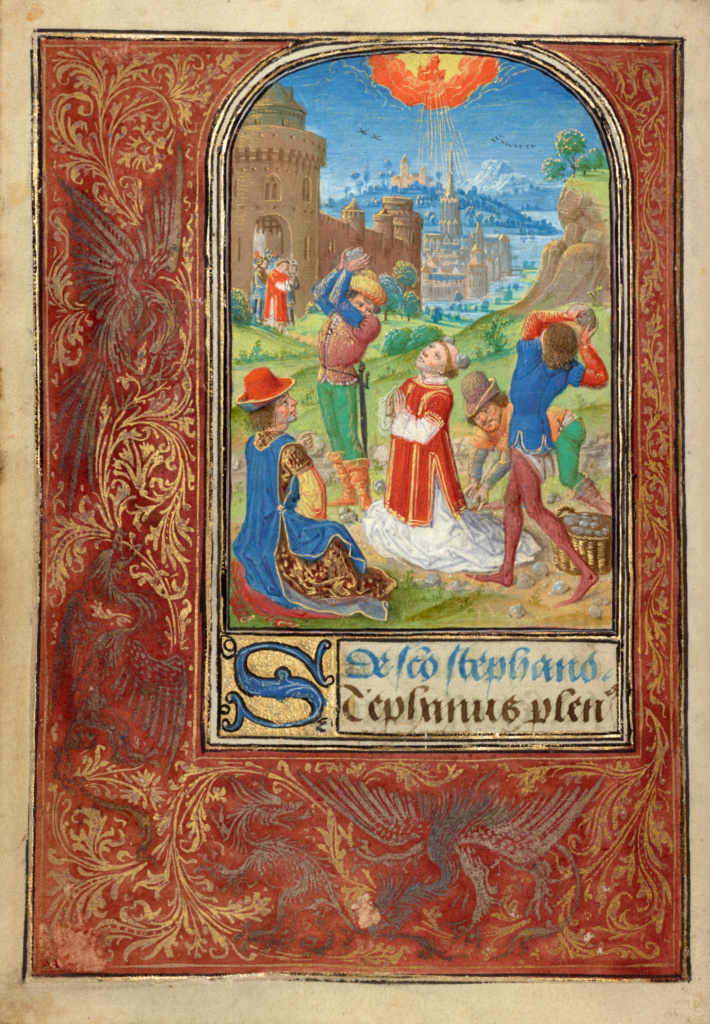 The Stoning of Saint Stephen; Lieven van Lathem (Flemish, about 1430 - 1493); Ghent (written), Belgium; 1469; Tempera colors, gold leaf, gold paint, silver paint, and ink on parchment; Leaf: 12.4 x 9.2 cm (4 7/8 x 3 5/8 in.); Ms. 37, fol. 24v No description of this image is available.