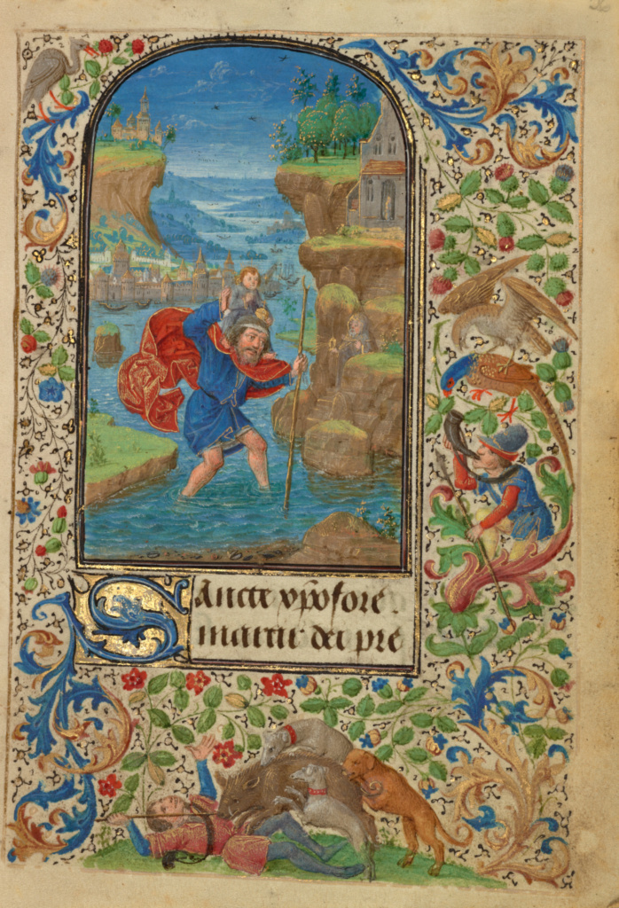 Saint Christopher; Lieven van Lathem (Flemish, about 1430 - 1493, active 1454 - 1493); Ghent (written) Belgium Antwerp (illuminated) Belgium; 1469; Tempera colors, gold leaf, gold paint, silver paint, and ink on parchment; Leaf: 12.4 x 9.2 cm (4 7/8 x 3 5/8 in.); Ms. 37, fol. 26 No description of this image is available.