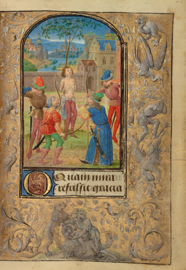 The Martyrdom of Saint Sebastian; Lieven van Lathem (Flemish, about 1430 - 1493, active 1454 - 1493); Ghent (written) Belgium Antwerp (illuminated) Belgium; 1469; Tempera colors, gold leaf, gold paint, silver paint, and ink on parchment; Leaf: 12.4 x 9.2 cm (4 7/8 x 3 5/8 in.); Ms. 37, fol. 29 No description of this image is available.