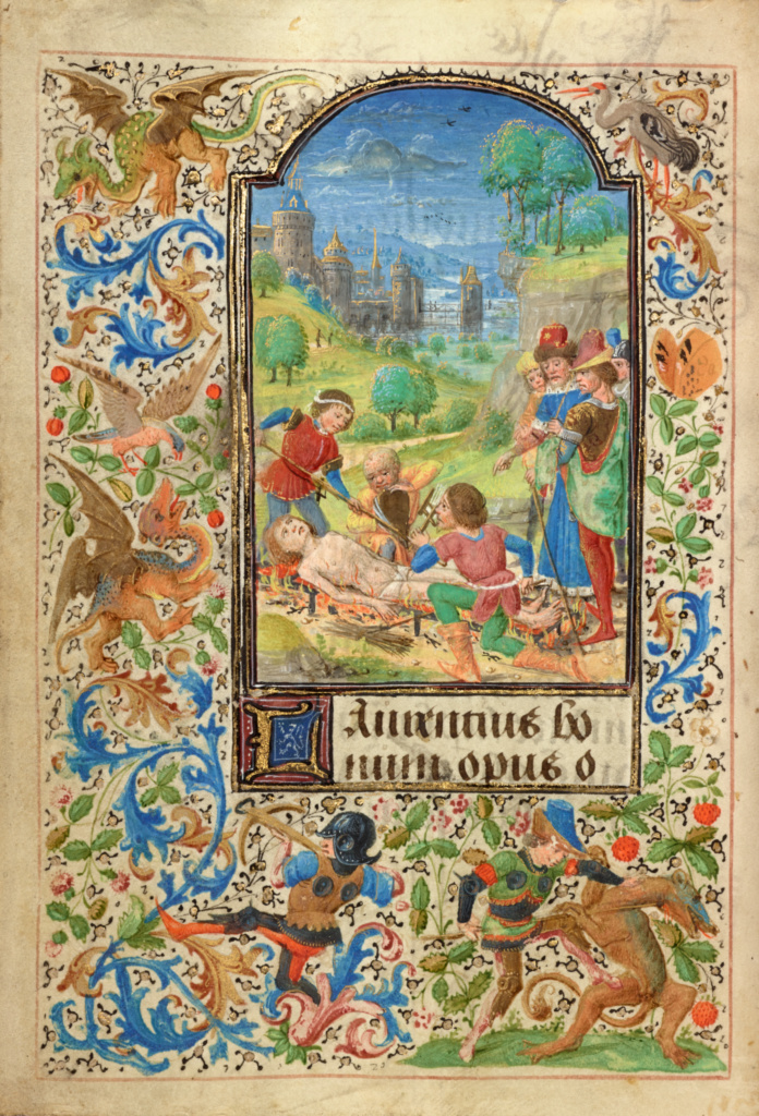 The Martyrdom of Saint Lawrence; Lieven van Lathem (Flemish, about 1430 - 1493, active 1454 - 1493); Antwerp (illuminated) Belgium Ghent (written) Belgium; 1469; Tempera colors, gold leaf, gold paint, silver paint, and ink on parchment; Leaf: 12.4 x 9.2 cm (4 7/8 x 3 5/8 in.); Ms. 37, fol. 31v No description of this image is available.
