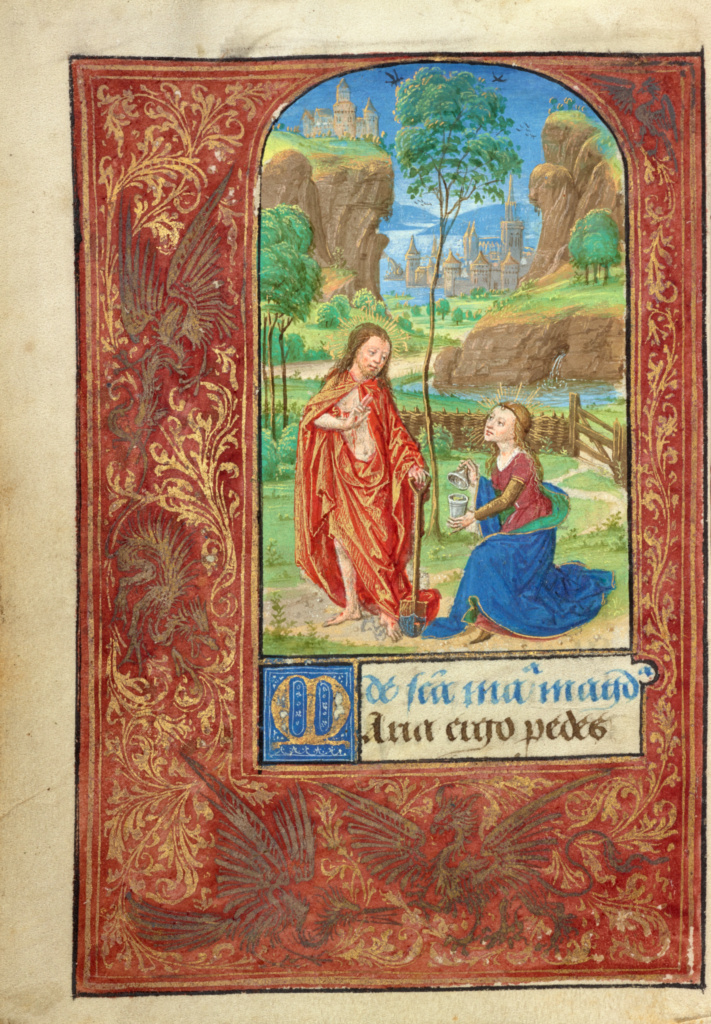 Noli me tangere; Lieven van Lathem (Flemish, about 1430 - 1493); Ghent (written), Belgium; 1469; Tempera colors, gold leaf, gold paint, silver paint, and ink on parchment; Leaf: 12.4 x 9.2 cm (4 7/8 x 3 5/8 in.); Ms. 37, fol. 46v No description of this image is available.