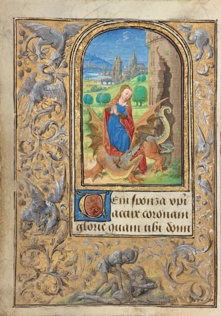 Saint Margaret; Lieven van Lathem (Flemish, about 1430 - 1493); Ghent (written), Belgium; 1469; Tempera colors, gold leaf, gold paint, silver paint, and ink on parchment; Leaf: 12.4 x 9.2 cm (4 7/8 x 3 5/8 in.); Ms. 37, fol. 49v No description of this image is available.