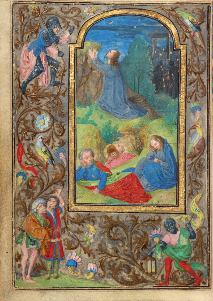 The Agony in the Garden; Vienna Master of Mary of Burgundy (Flemish, active about 1470 - about 1480); Ghent (written) Belgium Antwerp (illuminated) Belgium; about 1471; Tempera colors, gold leaf, gold paint, silver paint, and ink on parchment; Leaf: 12.4 x 9.2 cm (4 7/8 x 3 5/8 in.); Ms. 37, fol. 70v No description of this image is available.
