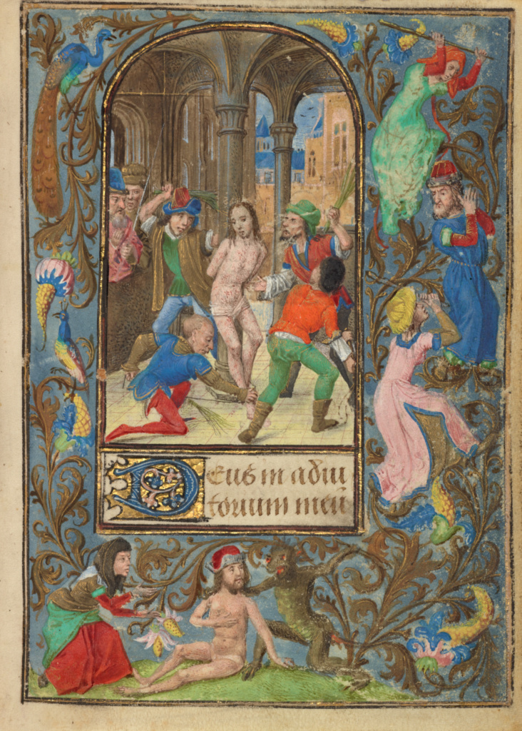 The Flagellation; Vienna Master of Mary of Burgundy (Flemish, active about 1470 - about 1480); Antwerp (illuminated), Belgium; about 1471; Tempera colors, gold leaf, gold paint, silver paint, and ink on parchment; Leaf: 12.4 x 9.2 cm (4 7/8 x 3 5/8 in.); Ms. 37, fol. 90 No description of this image is available.