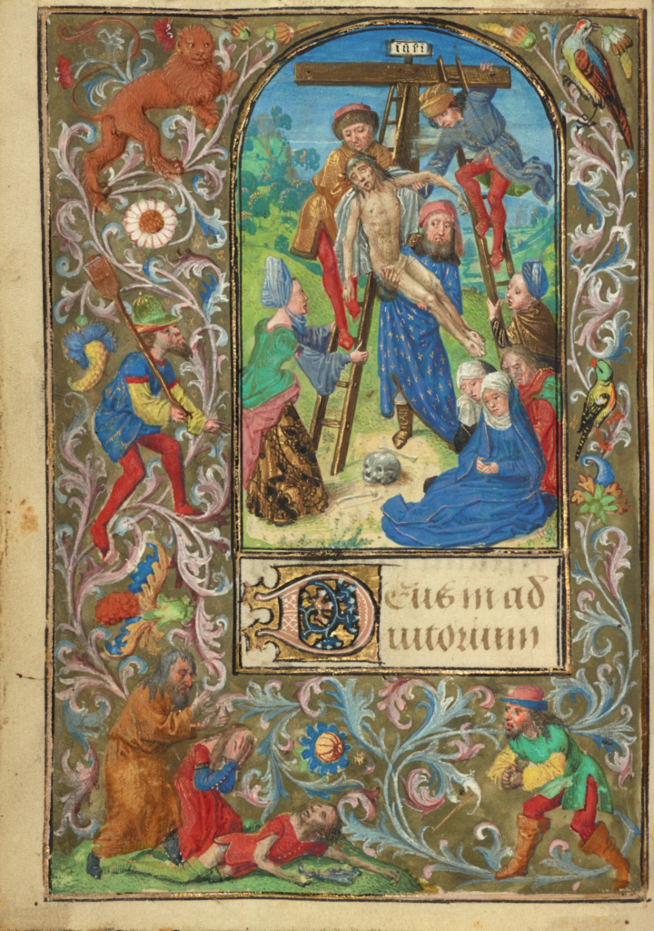 The Deposition; Vienna Master of Mary of Burgundy (Flemish, active about 1470 - about 1480); Ghent (written) Belgium Antwerp (illuminated) Belgium; about 1471; Tempera colors, gold leaf, gold paint, silver paint, and ink on parchment; Leaf: 12.4 x 9.2 cm (4 7/8 x 3 5/8 in.); Ms. 37, fol. 111v No description of this image is available.