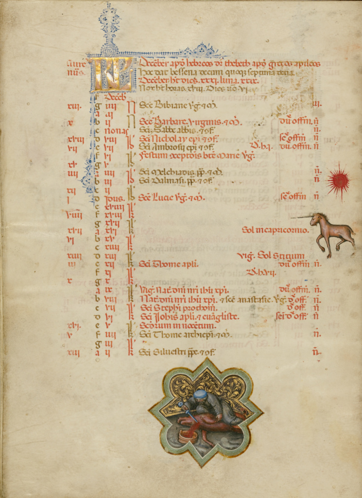 A Man Slaughtering a Pig; Zodiacal Sign of Capricorn; Master of the Brussels Initials (Italian, active about 1389 - 1410); Bologna, Emilia-Romagna, Italy; between 1389 and 1404; Tempera colors, gold leaf, gold paint, and ink on parchment; Leaf: 33 x 24 cm (13 x 9 7/16 in.); Ms. 34, fol. 6v No description of this image is available.