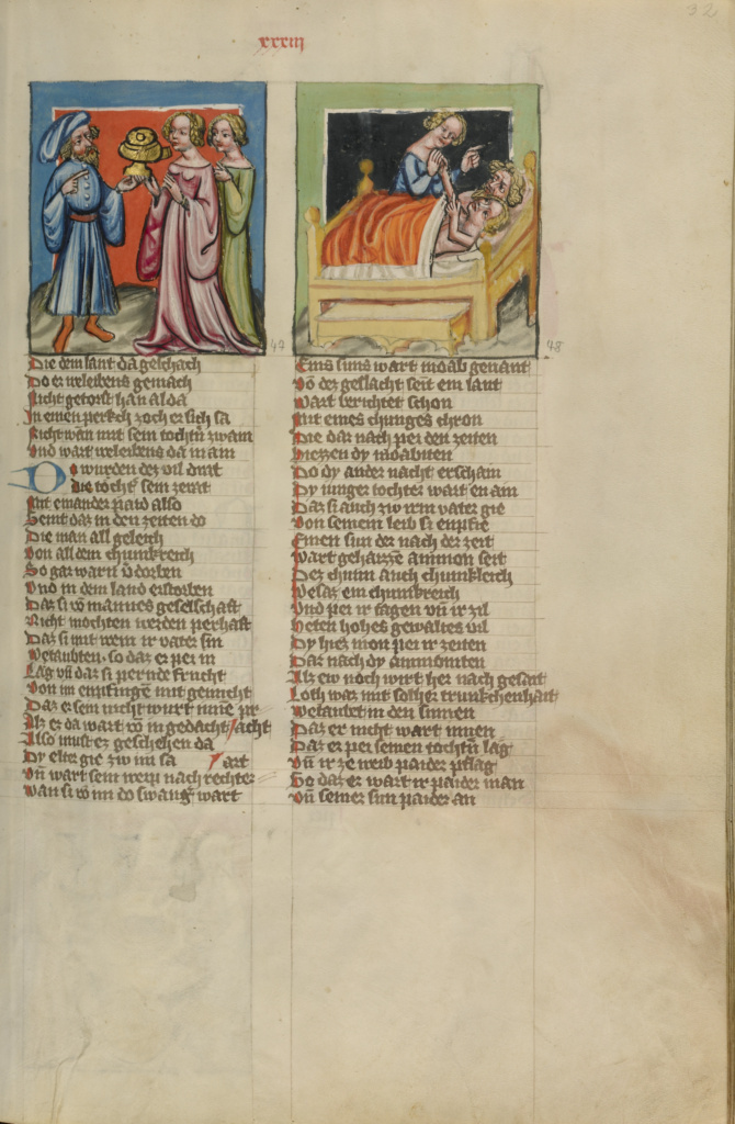 Lot Made Drunk by his Two Daughters; Lot's Incest; Unknown, Rudolf von Ems (Austrian, about 1200 - 1254); about 1400 - 1410; Tempera colors, gold, silver paint, and ink on parchment; Leaf: 33.5 × 23.5 cm (13 3/16 × 9 1/4 in.); Ms. 33 (88.MP.70), fol. 32; Rights Statement: No Copyright - United States Lot Made Drunk by his Two Daughters; Lot's Incest; Unknown, Rudolf von Ems (Austrian, about 1200 - 1254); about 1400 - 1410; Tempera colors, gold, silver paint, and ink on parchment; Leaf: 33.5 × 23.5 cm (13 3/16 × 9 1/4 in.); Ms. 33 (88.MP.70), fol. 32; Rights Statement: No Copyright - United States