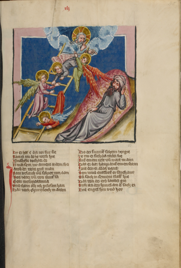 Jacob's Dream; Unknown; Regensburg, Bavaria, Germany; about 1400 - 1410; Tempera colors, gold, silver paint, and ink on parchment; Leaf: 33.5 × 23.5 cm (13 3/16 × 9 1/4 in.); Ms. 33, fol. 40 No description of this image is available.