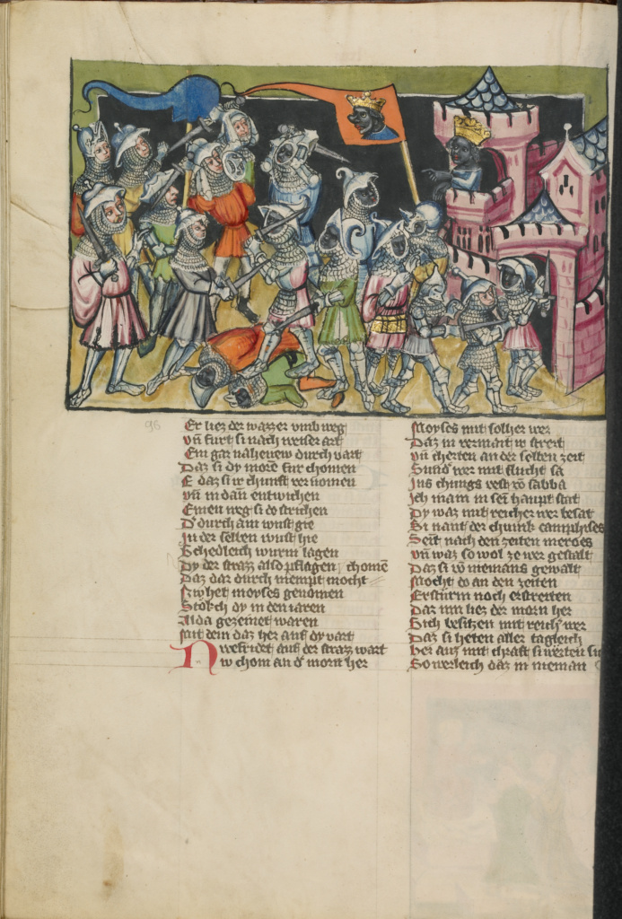 Moses Defeating the Moors; Unknown; Regensburg, Bavaria, Germany; about 1400 - 1410; Tempera colors, gold, silver paint, and ink on parchment; Leaf: 33.5 x 23.5 cm (13 3/16 x 9 1/4 in.); Ms. 33, fol. 66v No description of this image is available.
