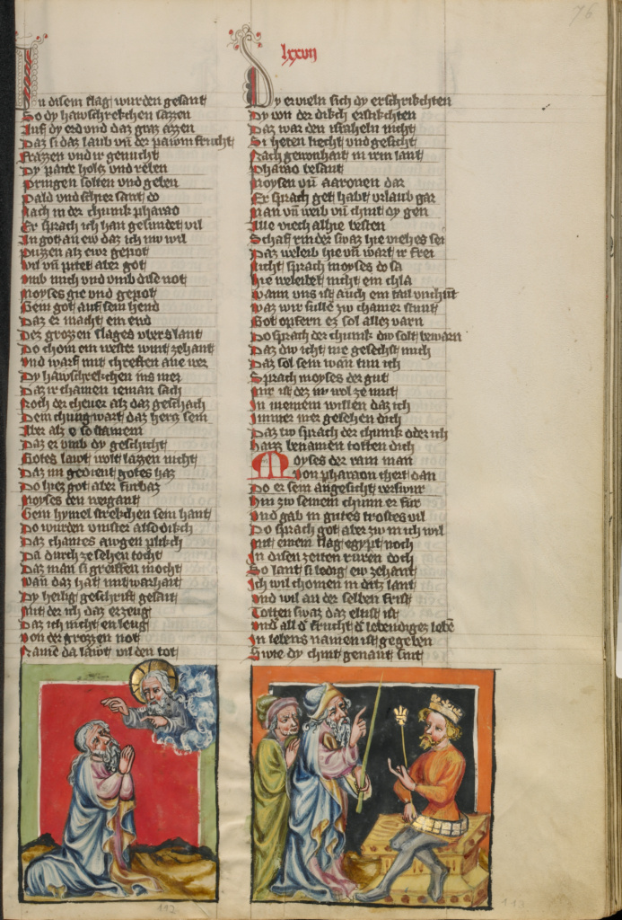 Moses Praying to God; The Plague of Darkness; Unknown, Rudolf von Ems (Austrian, about 1200 - 1254); about 1400 - 1410; Tempera colors, gold, silver paint, and ink on parchment; Leaf: 33.5 × 23.5 cm (13 3/16 × 9 1/4 in.); Ms. 33 (88.MP.70), fol. 76; Rights Statement: No Copyright - United States Moses Praying to God; The Plague of Darkness; Unknown, Rudolf von Ems (Austrian, about 1200 - 1254); about 1400 - 1410; Tempera colors, gold, silver paint, and ink on parchment; Leaf: 33.5 × 23.5 cm (13 3/16 × 9 1/4 in.); Ms. 33 (88.MP.70), fol. 76; Rights Statement: No Copyright - United States