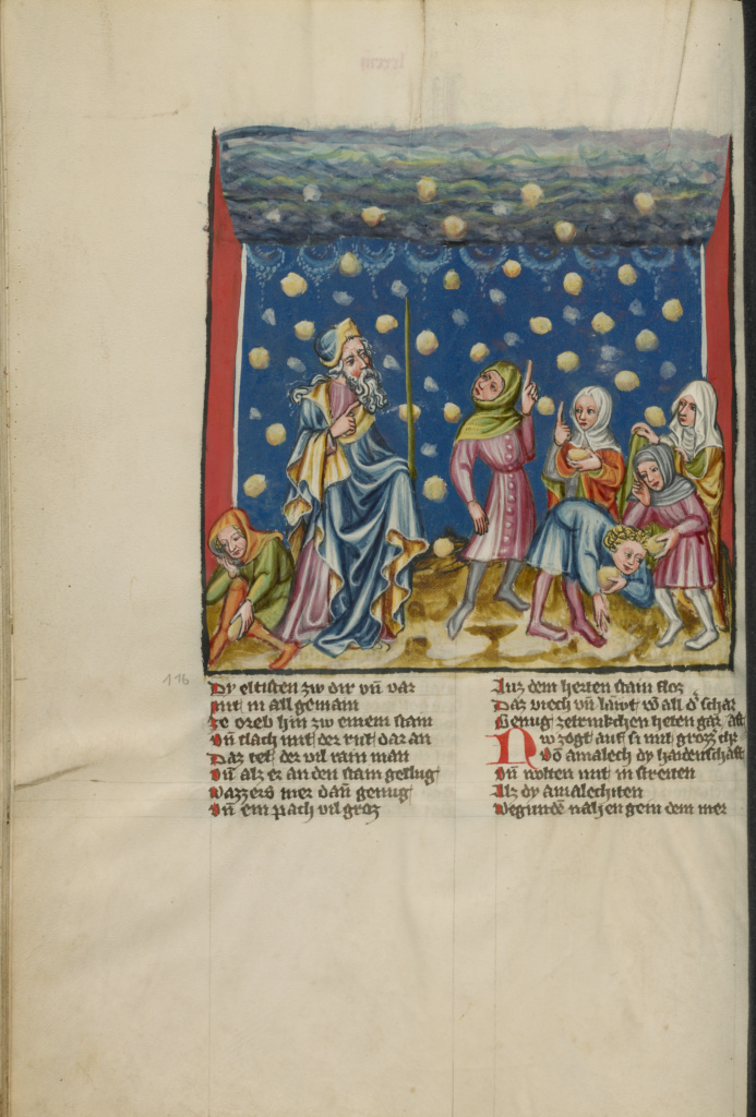 The Israelites Collecting Manna from Heaven; Unknown, Rudolf von Ems (Austrian, about 1200 - 1254); Regensburg, Bavaria, Germany, Europe; about 1400 - 1410; Tempera colors, gold, silver paint, and ink on parchment; Leaf: 33.5 × 23.5 cm (13 3/16 × 9 1/4 in.); Ms. 33, fol. 81v No description of this image is available.