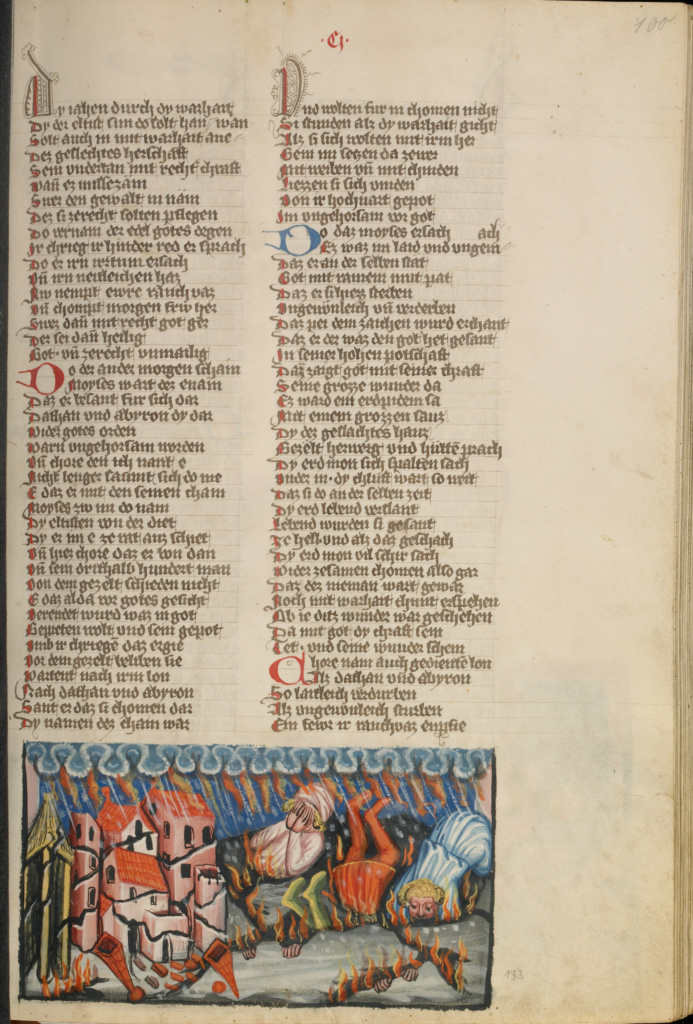 The Earth Devouring Datan's and Abiram's Clans; Unknown, Rudolf von Ems (Austrian, about 1200 - 1254); about 1400 - 1410; Tempera colors, gold, silver paint, and ink on parchment; Leaf: 33.5 × 23.5 cm (13 3/16 × 9 1/4 in.); Ms. 33 (88.MP.70), fol. 100; Rights Statement: No Copyright - United States The Earth Devouring Datan's and Abiram's Clans; Unknown, Rudolf von Ems (Austrian, about 1200 - 1254); about 1400 - 1410; Tempera colors, gold, silver paint, and ink on parchment; Leaf: 33.5 × 23.5 cm (13 3/16 × 9 1/4 in.); Ms. 33 (88.MP.70), fol. 100; Rights Statement: No Copyright - United States