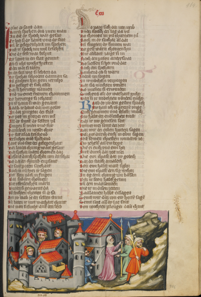 Rehab Hiding the Spies in Jericho; Unknown, Rudolf von Ems (Austrian, about 1200 - 1254); Regensburg, Bavaria, Germany, Europe; about 1400 - 1410; Tempera colors, gold, silver paint, and ink on parchment; Leaf: 33.5 × 23.5 cm (13 3/16 × 9 1/4 in.); Ms. 33, fol. 114 No description of this image is available.