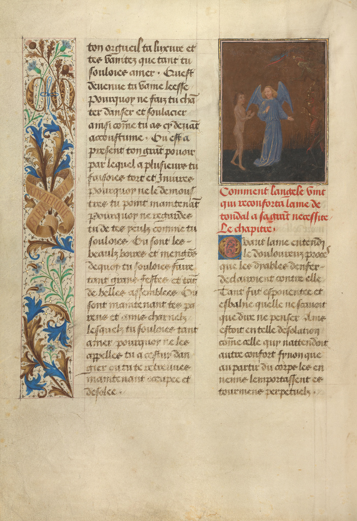 Tondal's Soul Enters Hell, Accompanied by his Guardian Angel; Simon Marmion (Flemish, active 1450 - 1489); Ghent Belgium Valenciennes France; 1475; Tempera colors, gold leaf, gold paint, and ink on parchment; Ms. 30, fol. 11v No description of this image is available.
