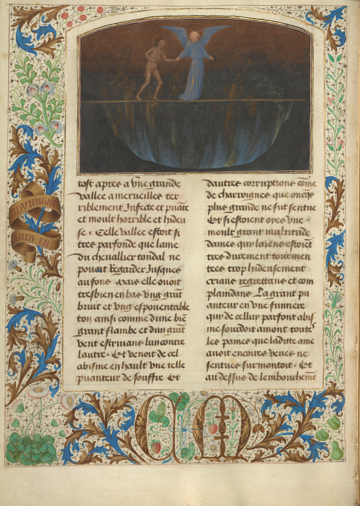 The Torment of the Proud - Valley of Burning Sulphur; Simon Marmion (Flemish, active 1450 - 1489); Valenciennes, France, Europe; 1475; Tempera colors, gold leaf, gold paint, and ink on parchment; Ms. 30, fol. 15v No description of this image is available.