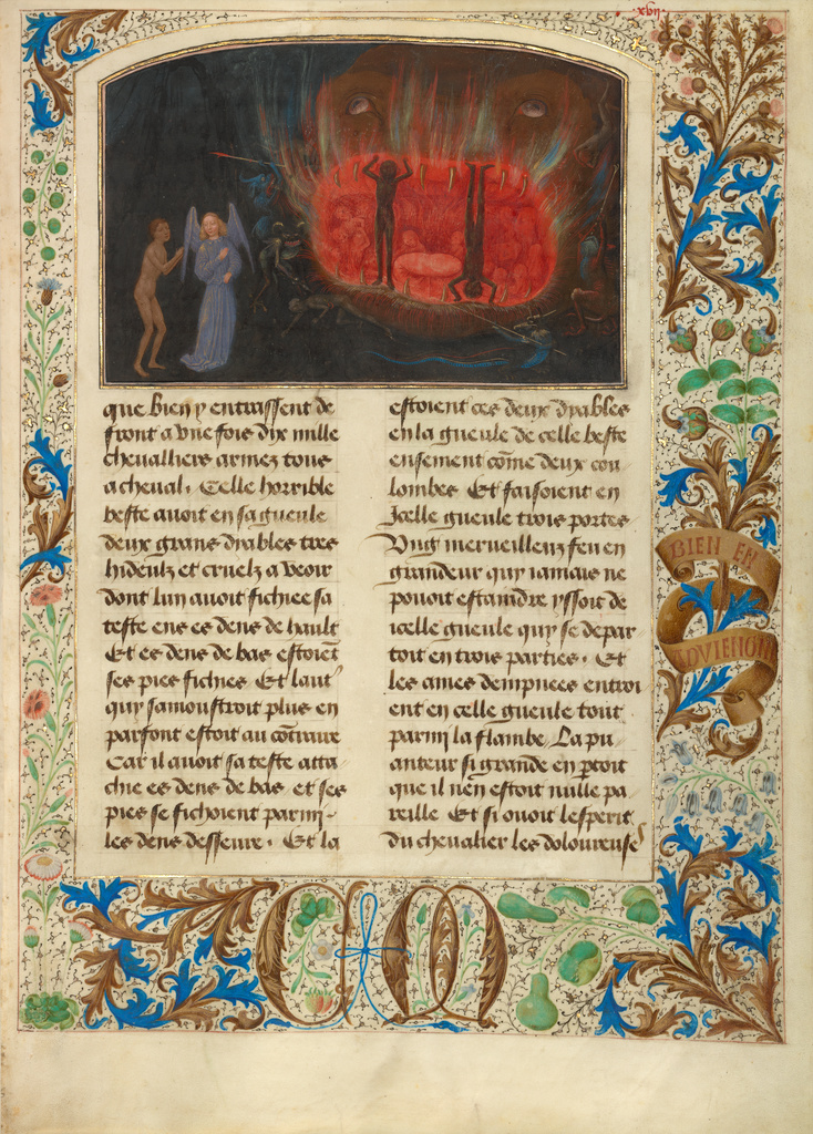 The Beast Acheron; Simon Marmion (Flemish, active 1450 - 1489); Ghent, Belgium, Europe; 1475; Tempera colors, gold leaf, gold paint, and ink on parchment; Ms. 30, fol. 17 No description of this image is available.