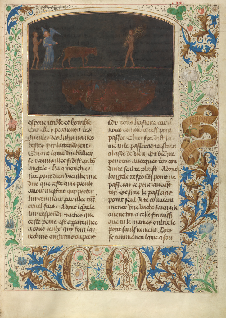 The Torment of Thieves: Tondal Leads a Cow Across a Nail-studded Bridge; Simon Marmion (Flemish, active 1450 - 1489); Valenciennes, France, Europe; 1475; Tempera colors, gold leaf, gold paint, and ink on parchment; Leaf: 36.3 × 26.2 cm (14 5/16 × 10 5/16 in.); Ms. 30, fol. 20 No description of this image is available.