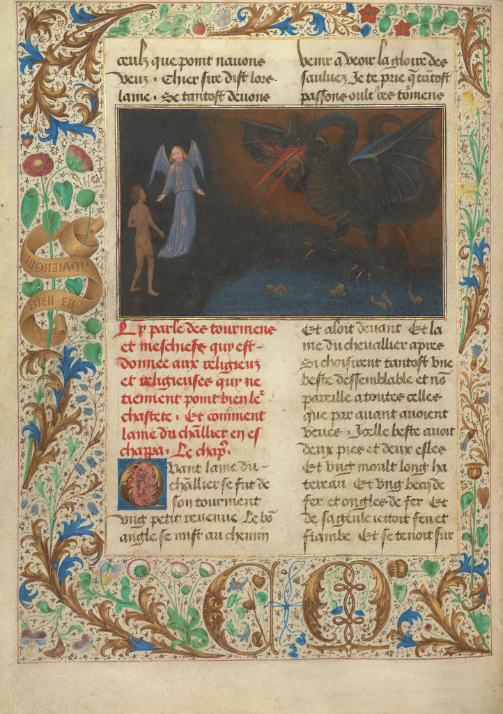 The Torment of Unchaste Monks and Nuns; Simon Marmion (Flemish, active 1450 - 1489); Ghent, Belgium, Europe; 1475; Tempera colors, gold leaf, gold paint, and ink on parchment; Leaf: 36.3 × 26.2 cm (14 5/16 × 10 5/16 in.); Ms. 30, fol. 24v No description of this image is available.