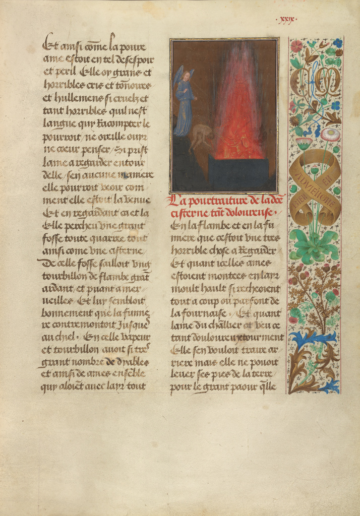Demons Dragging Tondal into the Infernal Cistern; Simon Marmion (Flemish, active 1450 - 1489); Ghent, Belgium, Europe; 1475; Tempera colors, gold leaf, gold paint, and ink on parchment; Leaf: 36.3 × 26.2 cm (14 5/16 × 10 5/16 in.); Ms. 30, fol. 29 No description of this image is available.