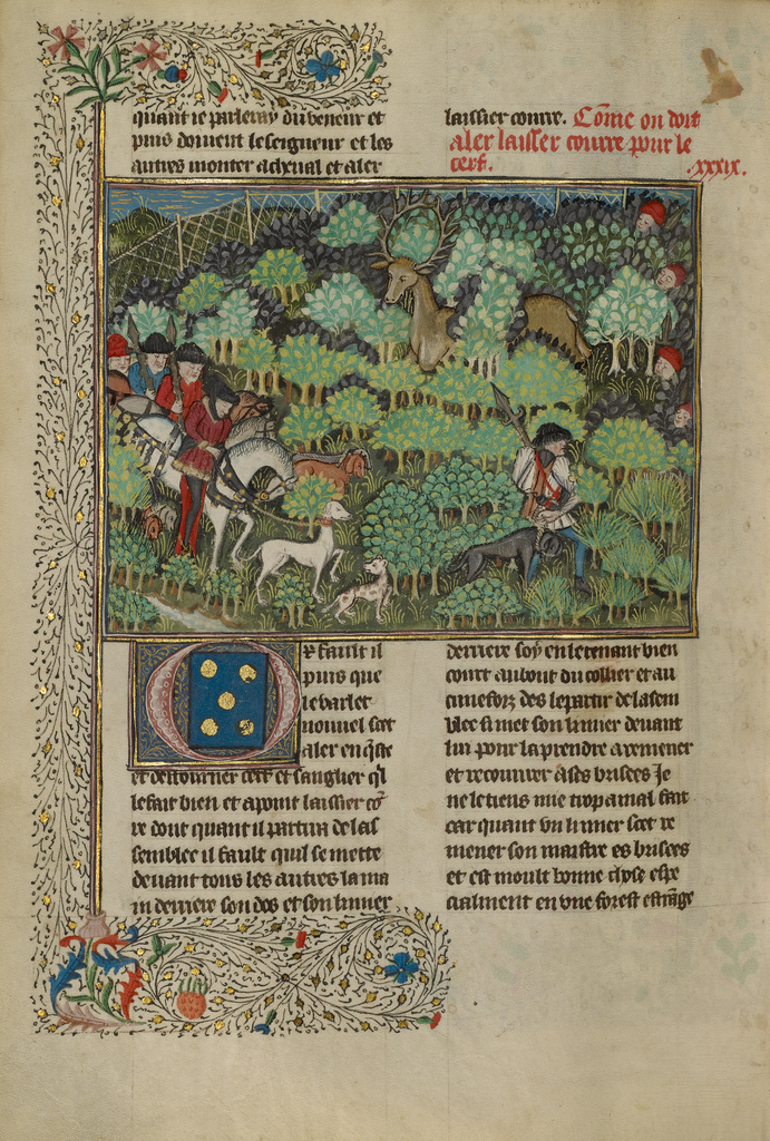 Hunters Pursuing a Deer; Unknown; about 1430–1440; Tempera colors, gold paint, silver paint, and gold leaf on parchment; Leaf: 26.4 × 18.4 cm (10 3/8 × 7 1/4 in.); Ms. 27 (87.MR.34), fol. 61v; Rights Statement: No Copyright - United States Hunters Pursuing a Deer; Unknown; about 1430–1440; Tempera colors, gold paint, silver paint, and gold leaf on parchment; Leaf: 26.4 × 18.4 cm (10 3/8 × 7 1/4 in.); Ms. 27 (87.MR.34), fol. 61v; Rights Statement: No Copyright - United States