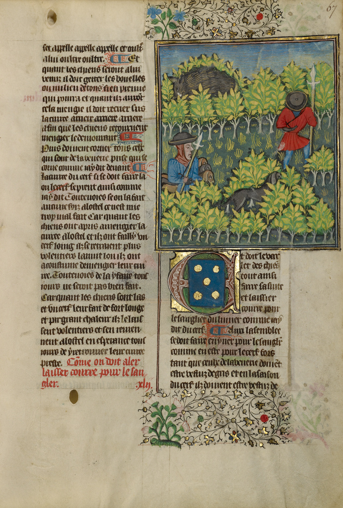Hunters Pursuing a Wild Boar; Unknown; about 1430 - 1440; Tempera colors, gold paint, silver paint, and gold leaf on parchment; Leaf: 26.4 × 18.4 cm (10 3/8 × 7 1/4 in.); Ms. 27 (87.MR.34), fol. 67; Rights Statement: No Copyright - United States Hunters Pursuing a Wild Boar; Unknown; about 1430 - 1440; Tempera colors, gold paint, silver paint, and gold leaf on parchment; Leaf: 26.4 × 18.4 cm (10 3/8 × 7 1/4 in.); Ms. 27 (87.MR.34), fol. 67; Rights Statement: No Copyright - United States