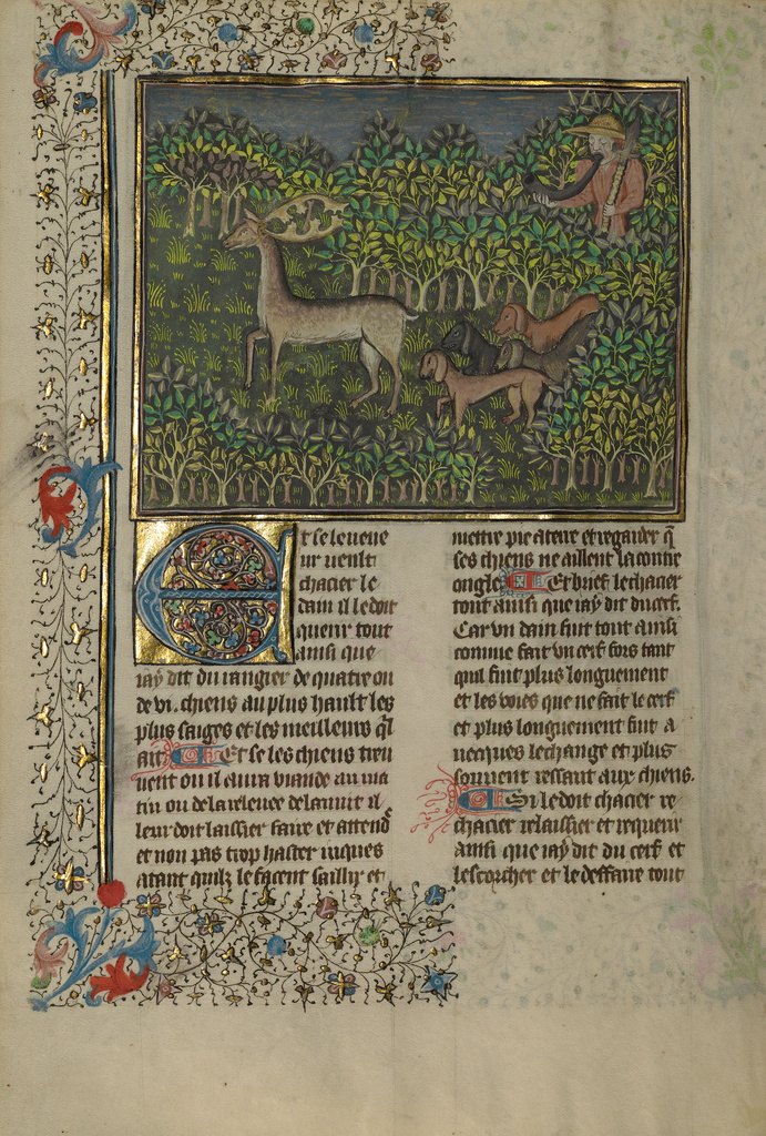 Livre de la Chasse; Unknown, Gaston Phébus (French, 1331 - 1391); about 1430–1440; Tempera colors, gold paint, silver paint, and gold leaf on parchment bound between pasteboard covered with red morocco; Leaf: 26.4 × 18.4 cm (10 3/8 × 7 1/4 in.); Ms. 27 (87.MR.34); Rights Statement: No Copyright - United States Livre de la Chasse; Unknown, Gaston Phébus (French, 1331 - 1391); about 1430–1440; Tempera colors, gold paint, silver paint, and gold leaf on parchment bound between pasteboard covered with red morocco; Leaf: 26.4 × 18.4 cm (10 3/8 × 7 1/4 in.); Ms. 27 (87.MR.34); Rights Statement: No Copyright - United States