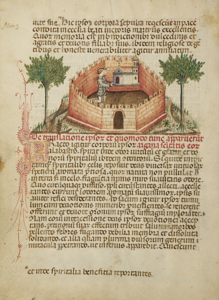 Aimo and Vermondo Holding Up the Church of Saint Victor; Attributed to Anovelo da Imbonate (Italian (Lombard), active about 1400); Milan, Lombardia, Italy, Europe; about 1400; Tempera colors, gold leaf, and ink on parchment; Leaf: 25.6 × 18.4 cm (10 1/16 × 7 1/4 in.); Ms. 26, fol. 4v No description of this image is available.