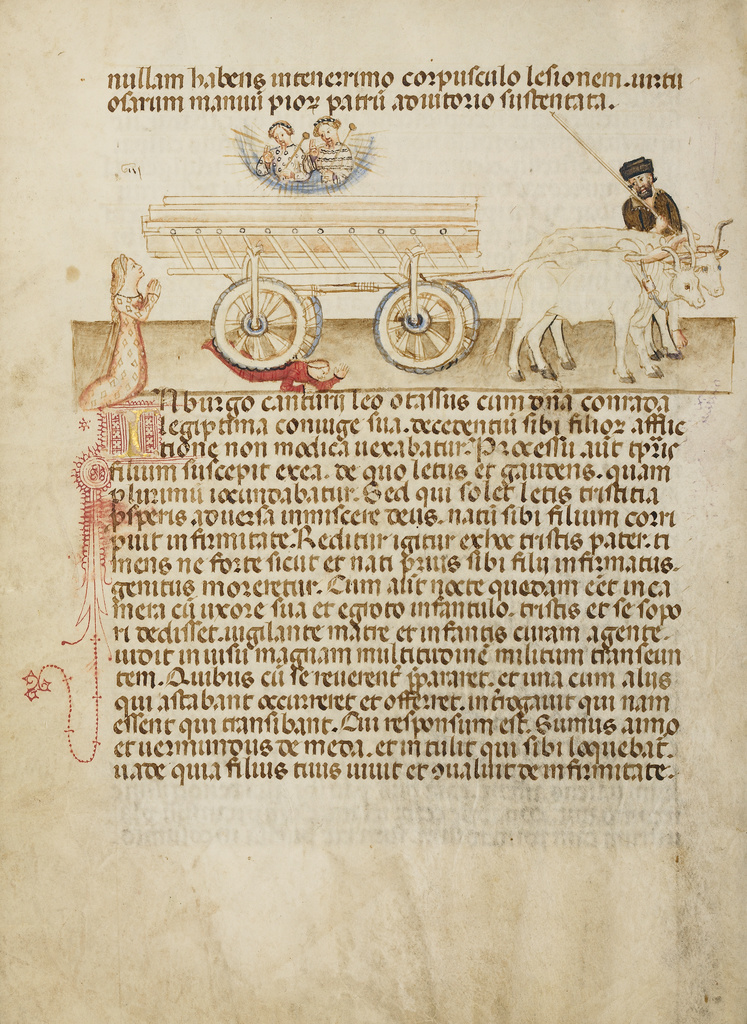 The Mother of Allegranzia Appealing to Saints Aimo and Vermondo to Save Her Child; Attributed to Anovelo da Imbonate (Italian (Lombard), active about 1400); about 1400; Tempera colors, gold leaf, and ink on parchment; Leaf: 25.6 × 18.4 cm (10 1/16 × 7 1/4 in.); Ms. 26 (87.MN.33), fol. 8v; Rights Statement: No Copyright - United States The Mother of Allegranzia Appealing to Saints Aimo and Vermondo to Save Her Child; Attributed to Anovelo da Imbonate (Italian (Lombard), active about 1400); about 1400; Tempera colors, gold leaf, and ink on parchment; Leaf: 25.6 × 18.4 cm (10 1/16 × 7 1/4 in.); Ms. 26 (87.MN.33), fol. 8v; Rights Statement: No Copyright - United States