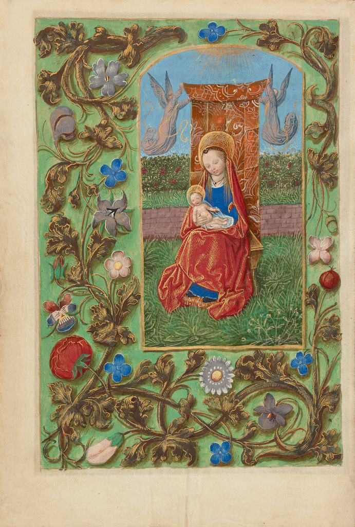 The Virgin and Child Enthroned; Master of the Dresden Prayer Book or workshop (Flemish, active about 1480 - 1515); Bruges, Belgium; about 1480 - 1485 ?; Tempera colors and gold on parchment; Leaf: 20.5 x 14.8 cm (8 1/16 x 5 13/16 in.); Ms. 23, fol. 29v No description of this image is available.