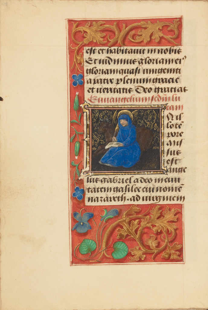 Initial I: Saint Luke; Master of the Dresden Prayer Book or workshop (Flemish, active about 1480 - 1515); Bruges, Belgium; about 1480 - 1485 ?; Tempera colors and gold on parchment; Leaf: 20.5 x 14.8 cm (8 1/16 x 5 13/16 in.); Ms. 23, fol. 36v No description of this image is available.