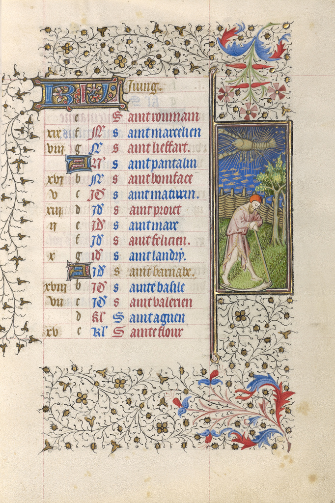 A Man Mowing; Workshop of the Rohan Master (French, active about 1410 - 1440); Paris, France, Europe; about 1415 - 1420; Tempera colors, gold paint, gold leaf, and ink on parchment; Leaf: 20.5 × 14.8 cm (8 1/16 × 5 13/16 in.); Ms. 22, fol. 6 No description of this image is available.