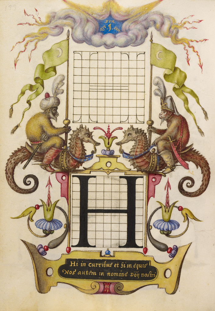 Guide for Constructing the Letter H; Joris Hoefnagel (Flemish / Hungarian, 1542 - 1600); about 1591 - 1596; Watercolors, gold and silver paint, and ink on parchment; Leaf: 16.6 × 12.4 cm (6 9/16 × 4 7/8 in.); Ms. 20 (86.MV.527), fol. 133v; Rights Statement: No Copyright - United States Guide for Constructing the Letter H; Joris Hoefnagel (Flemish / Hungarian, 1542 - 1600); about 1591 - 1596; Watercolors, gold and silver paint, and ink on parchment; Leaf: 16.6 × 12.4 cm (6 9/16 × 4 7/8 in.); Ms. 20 (86.MV.527), fol. 133v; Rights Statement: No Copyright - United States