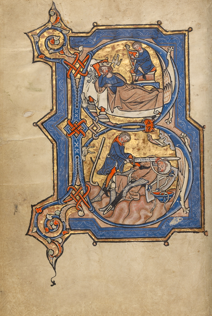 Initial B: David Playing the Harp for Saul and David and Goliath; Unknown; mid-1200s; Tempera colors, gold leaf, and ink on parchment; Leaf: 23.5 × 16.5 cm (9 1/4 × 6 1/2 in.); Ms. 14 (85.MK.239), fol. 16v; Rights Statement: No Copyright - United States Initial B: David Playing the Harp for Saul and David and Goliath; Unknown; mid-1200s; Tempera colors, gold leaf, and ink on parchment; Leaf: 23.5 × 16.5 cm (9 1/4 × 6 1/2 in.); Ms. 14 (85.MK.239), fol. 16v; Rights Statement: No Copyright - United States