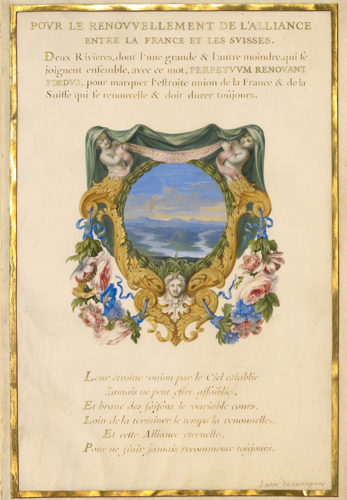 Emblem for Louis XIV (fol. 11); Jacques Bailly (French, 1634 - 1679), and Abbé Amable de Bourzeis (French, 1606 - 1672), and Abbé Jacques de Cassagne (French, 1635 - 1679), and Charles Perrault (French, 1628 - 1703), and possibly Nicolas Jarry (French, about 1610/1615 - about 1666 or 1674); about 1663–1668; Gouache and gold on parchment; Leaf: 37.8 × 25.2 cm (14 7/8 × 9 15/16 in.); Ms. 11 (1) (85.MS.118); Rights Statement: No Copyright - United States Emblem for Louis XIV (fol. 11); Jacques Bailly (French, 1634 - 1679), and Abbé Amable de Bourzeis (French, 1606 - 1672), and Abbé Jacques de Cassagne (French, 1635 - 1679), and Charles Perrault (French, 1628 - 1703), and possibly Nicolas Jarry (French, about 1610/1615 - about 1666 or 1674); about 1663–1668; Gouache and gold on parchment; Leaf: 37.8 × 25.2 cm (14 7/8 × 9 15/16 in.); Ms. 11 (1) (85.MS.118); Rights Statement: No Copyright - United States