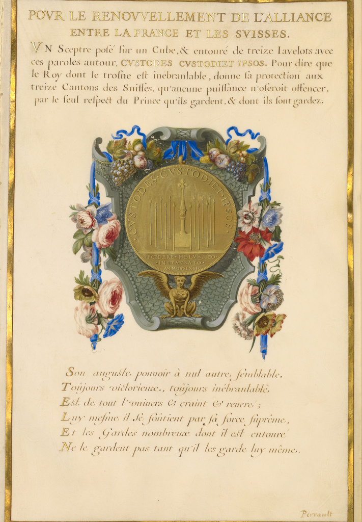 Emblem for Louis XIV (fol. 16); Jacques Bailly (French, 1634 - 1679), and Abbé Amable de Bourzeis (French, 1606 - 1672), and Abbé Jacques de Cassagne (French, 1635 - 1679), and Charles Perrault (French, 1628 - 1703), and possibly Nicolas Jarry (French, about 1610/1615 - about 1666 or 1674); about 1663–1668; Gouache and gold on parchment; Leaf: 38.7 × 25.4 cm (15 1/4 × 10 in.); Ms. 11 (2) (85.MS.118); Rights Statement: No Copyright - United States Emblem for Louis XIV (fol. 16); Jacques Bailly (French, 1634 - 1679), and Abbé Amable de Bourzeis (French, 1606 - 1672), and Abbé Jacques de Cassagne (French, 1635 - 1679), and Charles Perrault (French, 1628 - 1703), and possibly Nicolas Jarry (French, about 1610/1615 - about 1666 or 1674); about 1663–1668; Gouache and gold on parchment; Leaf: 38.7 × 25.4 cm (15 1/4 × 10 in.); Ms. 11 (2) (85.MS.118); Rights Statement: No Copyright - United States