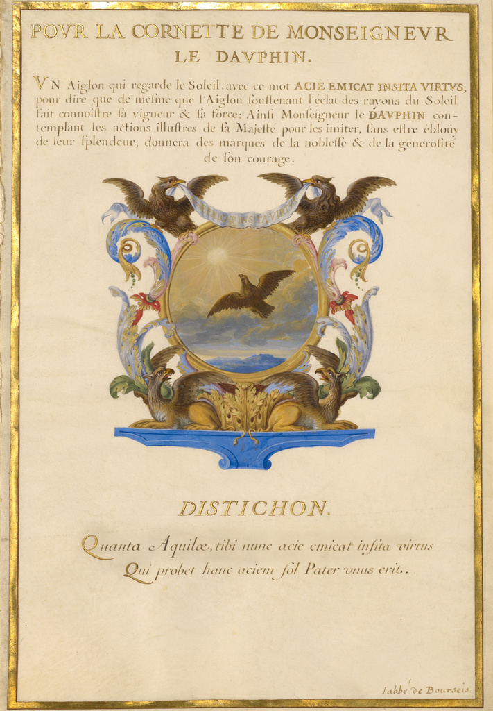 Emblem for Louis XIV (fol. 2); Jacques Bailly (French, 1634 - 1679), and Abbé Amable de Bourzeis (French, 1606 - 1672), and Abbé Jacques de Cassagne (French, 1635 - 1679), and Charles Perrault (French, 1628 - 1703), and possibly Nicolas Jarry (French, about 1610/1615 - about 1666 or 1674); about 1663–1668; Gouache and gold on parchment; Leaf: 38.6 × 25.7 cm (15 3/16 × 10 1/8 in.); Ms. 11 (3) (85.MS.118); Rights Statement: No Copyright - United States Emblem for Louis XIV (fol. 2); Jacques Bailly (French, 1634 - 1679), and Abbé Amable de Bourzeis (French, 1606 - 1672), and Abbé Jacques de Cassagne (French, 1635 - 1679), and Charles Perrault (French, 1628 - 1703), and possibly Nicolas Jarry (French, about 1610/1615 - about 1666 or 1674); about 1663–1668; Gouache and gold on parchment; Leaf: 38.6 × 25.7 cm (15 3/16 × 10 1/8 in.); Ms. 11 (3) (85.MS.118); Rights Statement: No Copyright - United States