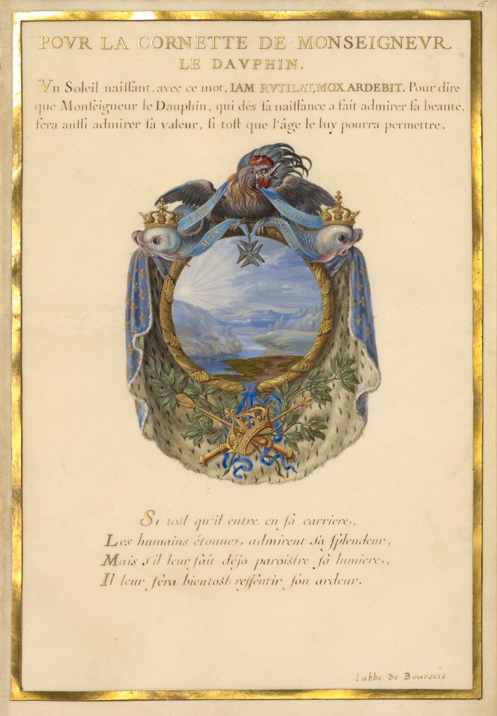 Emblem for Louis XIV (fol. 15); Jacques Bailly (French, 1634 - 1679), and Abbé Amable de Bourzeis (French, 1606 - 1672), and Abbé Jacques de Cassagne (French, 1635 - 1679), and Charles Perrault (French, 1628 - 1703), and possibly Nicolas Jarry (French, about 1610/1615 - about 1666 or 1674); about 1663–1668; Gouache and gold on parchment; Leaf: 37.1 × 25.4 cm (14 5/8 × 10 in.); Ms. 11 (5) (85.MS.118); Rights Statement: No Copyright - United States Emblem for Louis XIV (fol. 15); Jacques Bailly (French, 1634 - 1679), and Abbé Amable de Bourzeis (French, 1606 - 1672), and Abbé Jacques de Cassagne (French, 1635 - 1679), and Charles Perrault (French, 1628 - 1703), and possibly Nicolas Jarry (French, about 1610/1615 - about 1666 or 1674); about 1663–1668; Gouache and gold on parchment; Leaf: 37.1 × 25.4 cm (14 5/8 × 10 in.); Ms. 11 (5) (85.MS.118); Rights Statement: No Copyright - United States