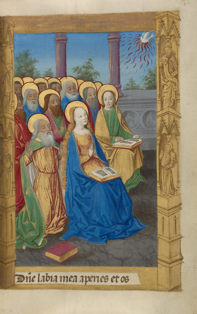 Pentecost; Master of Guillaume Lambert (French, active about 1475 - 1485); 1478; Tempera colors, gold paint, and iron gall ink on parchment bound between pasteboard covered with brown jansenist morocco; Leaf: 14.6 × 9.8 cm (5 3/4 × 3 7/8 in.); Ms. 10 (85.ML.80), fol. 31; Rights Statement: No Copyright - United States Pentecost; Master of Guillaume Lambert (French, active about 1475 - 1485); 1478; Tempera colors, gold paint, and iron gall ink on parchment bound between pasteboard covered with brown jansenist morocco; Leaf: 14.6 × 9.8 cm (5 3/4 × 3 7/8 in.); Ms. 10 (85.ML.80), fol. 31; Rights Statement: No Copyright - United States