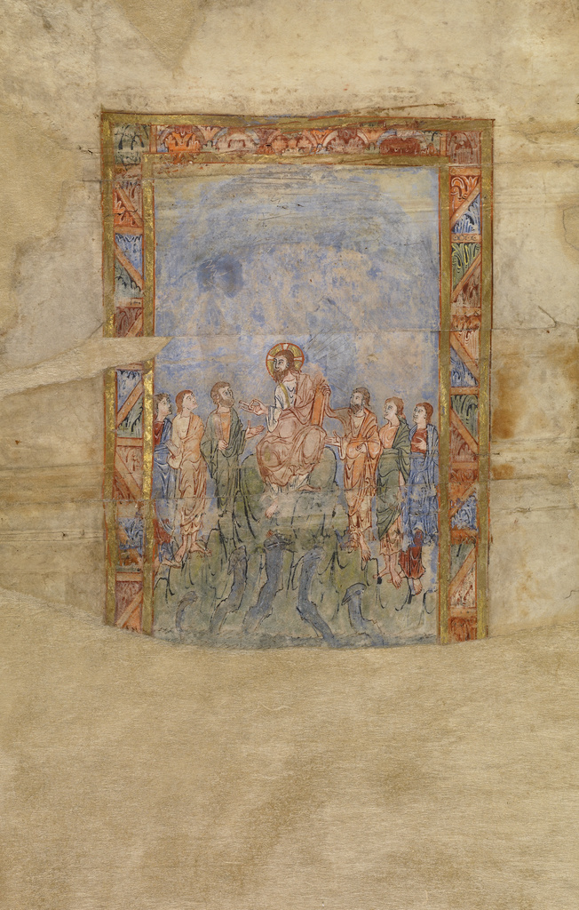 Christ Teaching; Unknown; Canterbury (?), England; about 1000; Tempera colors, gold leaf, and ink on parchment; Leaf: 30.8 x 20 cm (12 1/8 x 7 7/8 in.); Ms. 9, leaf 2v No description of this image is available.