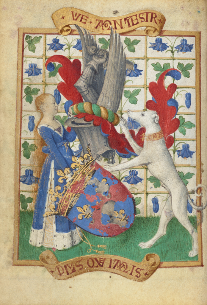 Coat of Arms Held by a Woman and a Greyhound; Jean Fouquet (French, born about 1415 - 1420, died before 1481); Paris France Tours France; 1455; Tempera colors, gold paint, gold leaf, and ink on parchment; Leaf: 11.4 x 8.3 cm (4 1/2 x 3 1/4 in.); Ms. 7, fol. 2v; Partial gift of Gerald F. Borrmann No description of this image is available.