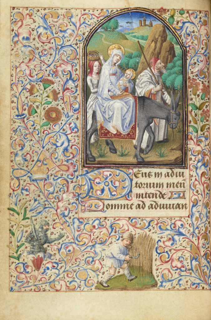The Flight into Egypt; Master of Jean Rolin II (Hand B) (French, active Paris, France last third of 14th century); Paris France Tours France; 1455; Tempera colors, gold paint, gold leaf, and ink on parchment; Leaf: 11.4 x 8.3 cm (4 1/2 x 3 1/4 in.); Ms. 7, fol. 28v; Partial gift of Gerald F. Borrmann No description of this image is available.