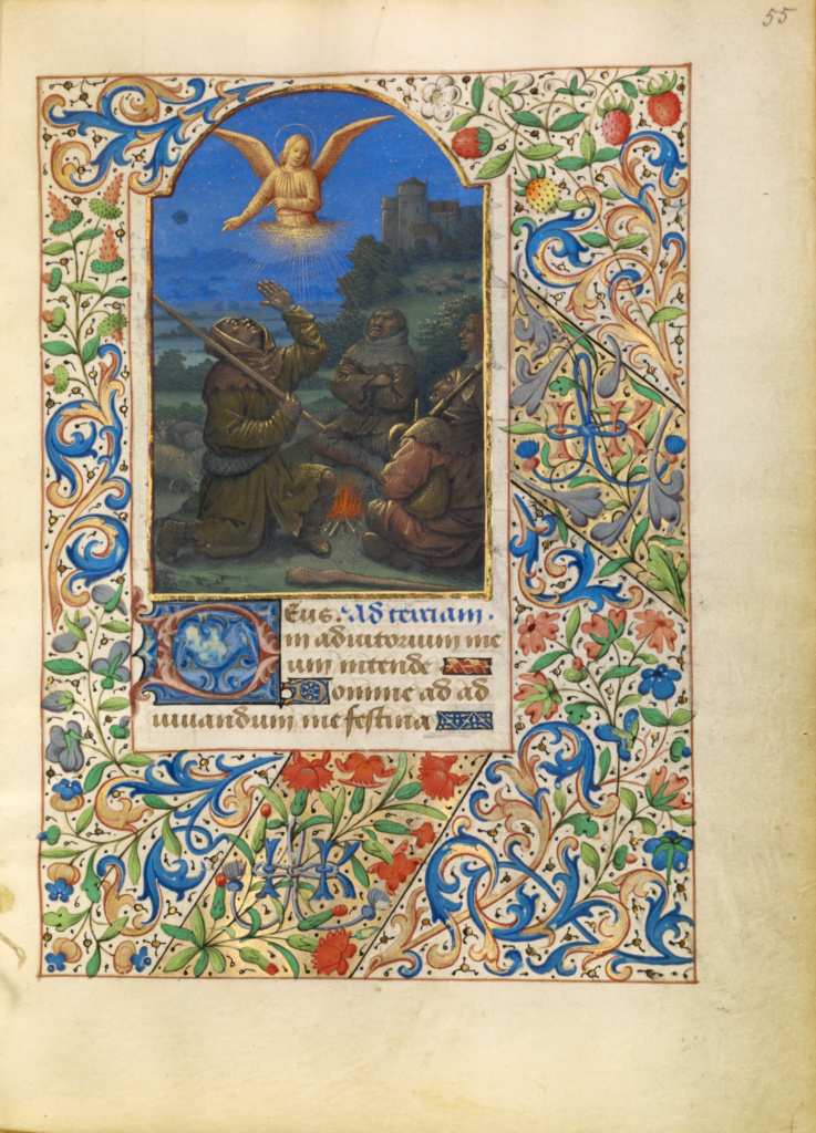 The Annunciation to the Shepherds; Jean Bourdichon (French, 1457 - 1521); Tours, France; about 1480 - 1485; Tempera colors, gold, and ink on parchment; Leaf: 16.4 x 11.6 cm (6 7/16 x 4 9/16 in.); Ms. 6, fol. 55 No description of this image is available.