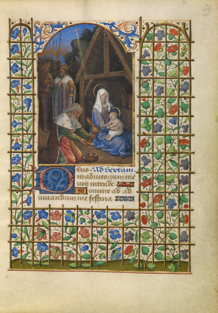 The Adoration of the Magi; Jean Bourdichon (French, 1457 - 1521, active Tours, France, early 1480s - 1521); Tours, France; about 1480 - 1485; Tempera colors, gold, and ink on parchment; Leaf: 16.4 x 11.6 cm (6 7/16 x 4 9/16 in.); Ms. 6, fol. 59 No description of this image is available.